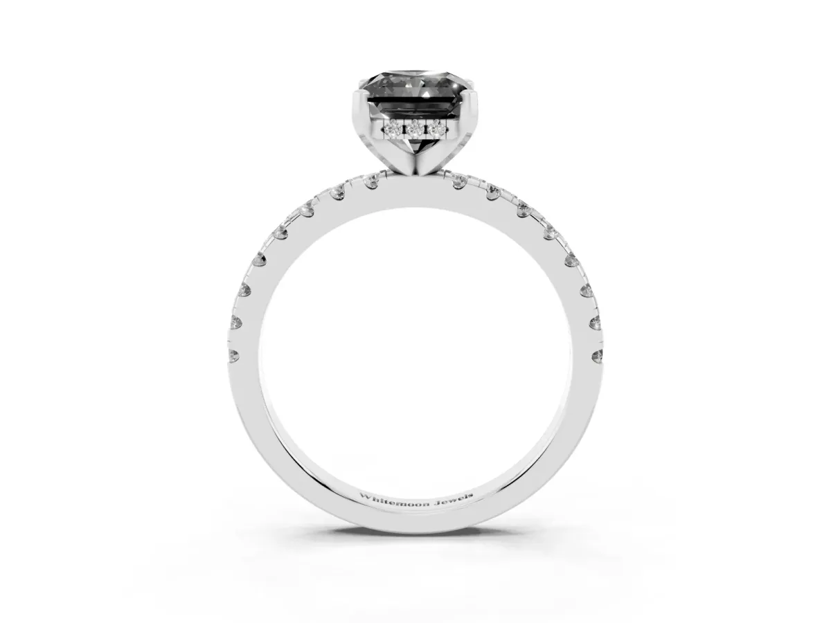 Fancy Black Radiant Cut Diamond Solitaire Ring with Round Pavé Band and Four-Prong Setting Silver