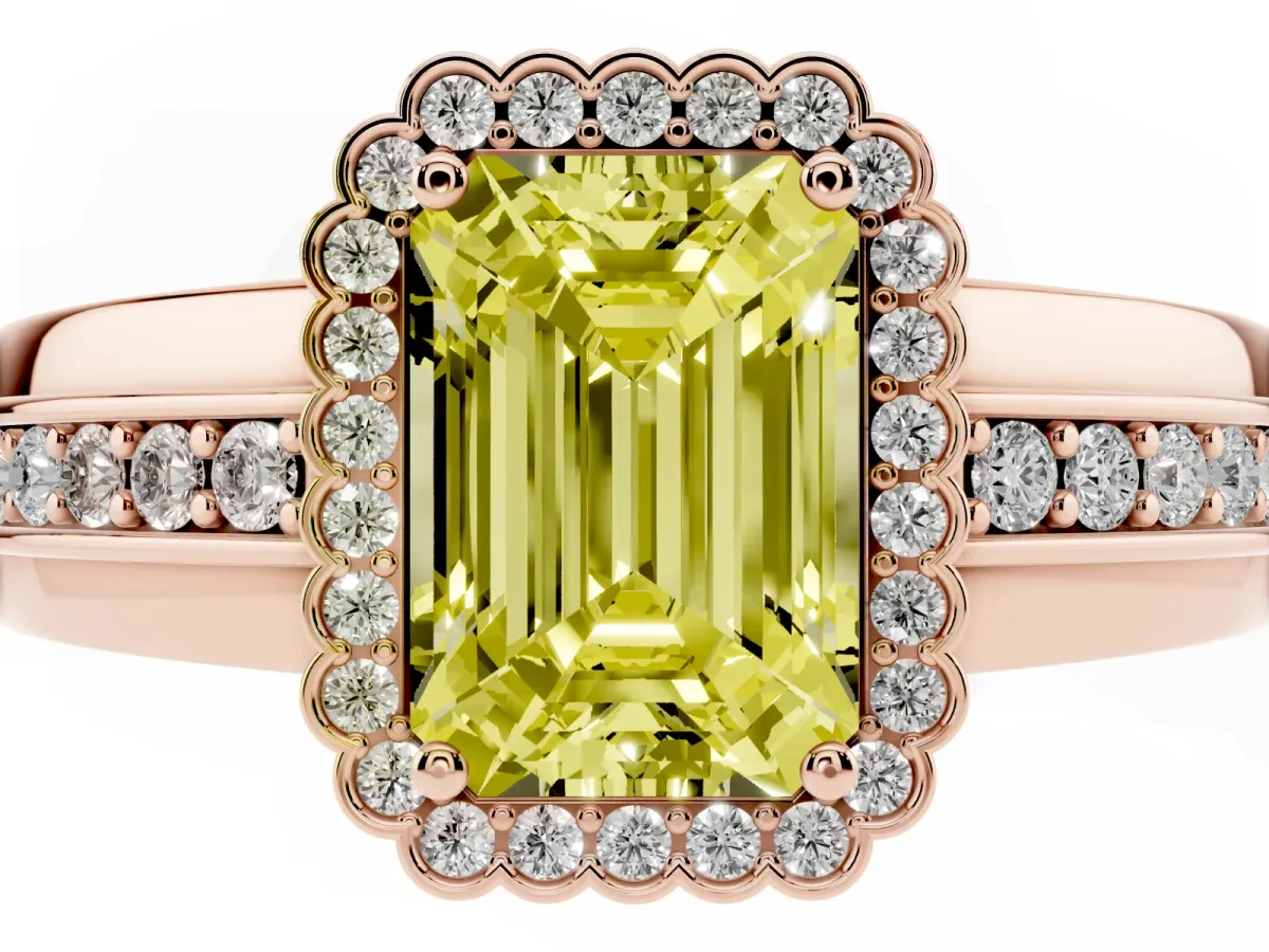 Fancy Yellow Emerald Cut Cut Halo Pave Band Four-Prong Ring Rose gold