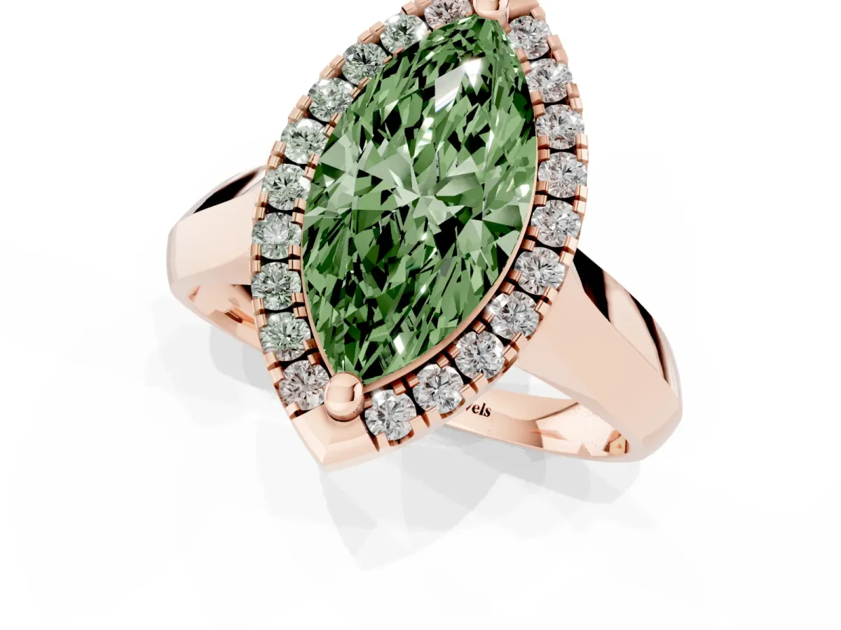 Fancy Green Marquise Cut Cut Halo Solitaire Engagement Ring with Square Band and Four-Prong Setting Rose gold