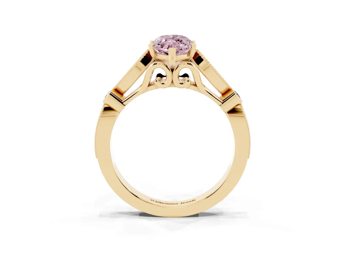 Fancy Pink Marquise Cut Cut Diamond with Milgrain Marquise and Bezel Accents on a Solitaire Band with Prong Setting Yellow gold