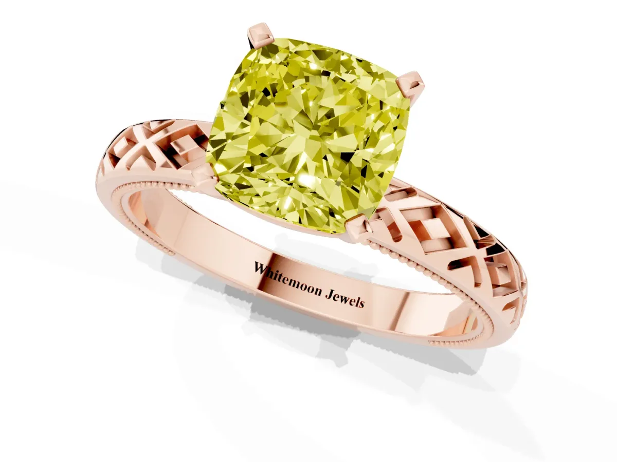 Fancy Yellow Cushion Cut Solitaire Diamond Ring with Milgrain and Black Enamel X Pattern Band Rose gold