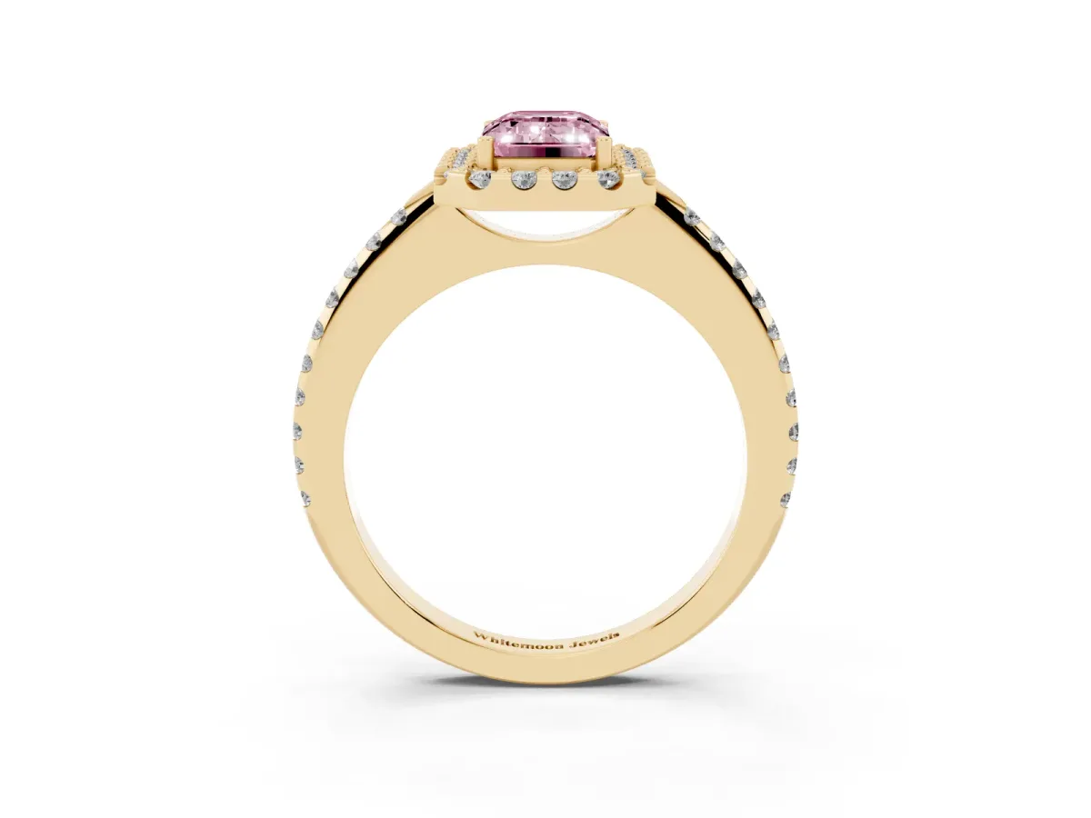 Fancy Pink Emerald Cut Diamond Pavé Halo Ring with Four-Prong Setting Yellow gold