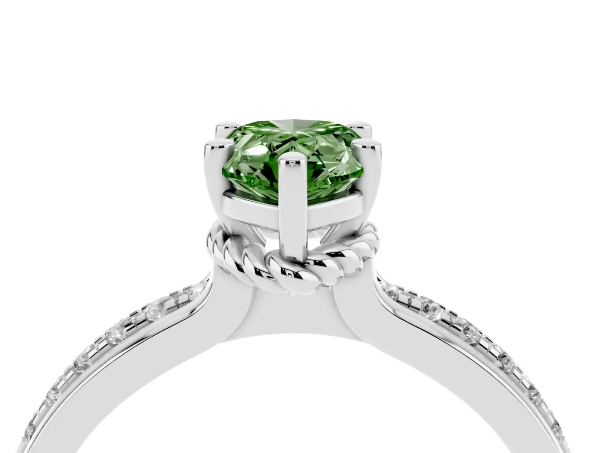 Fancy Green Pear Cut Solitaire Diamond Ring with Channel Set Band and Six-Prong Setting Silver