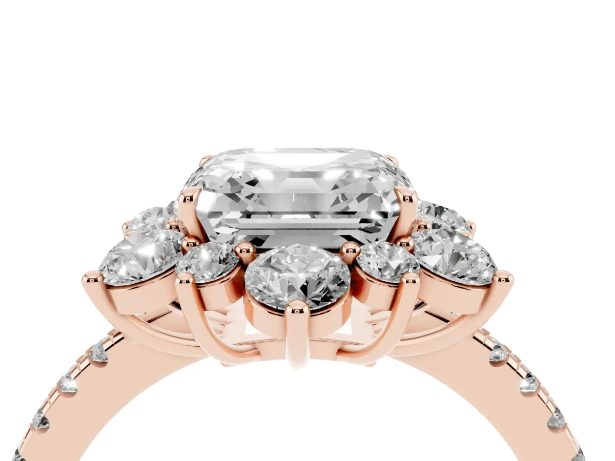 Asscher Cut Diamond Floral Halo Ring with Round Pavé Band and Prong Setting Rose gold