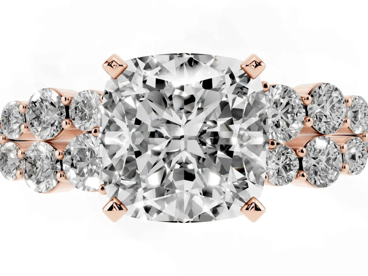 Cushion Cut Cluster Diamond Engagement Ring with Pavé Band and Four-Prong Setting Rose gold