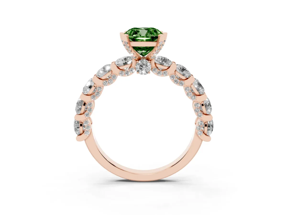 Fancy Green Cushion Cut Diamond Side Stone Engagement Ring with Four-Prong Setting Rose gold