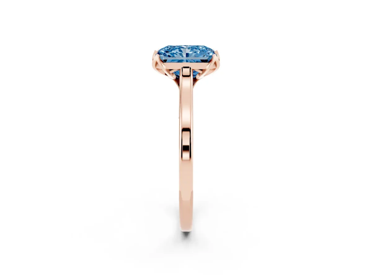 Fancy Blue Radiant Cut Diamond Solitaire Ring with Flower Prong Setting and Classic Band Rose gold