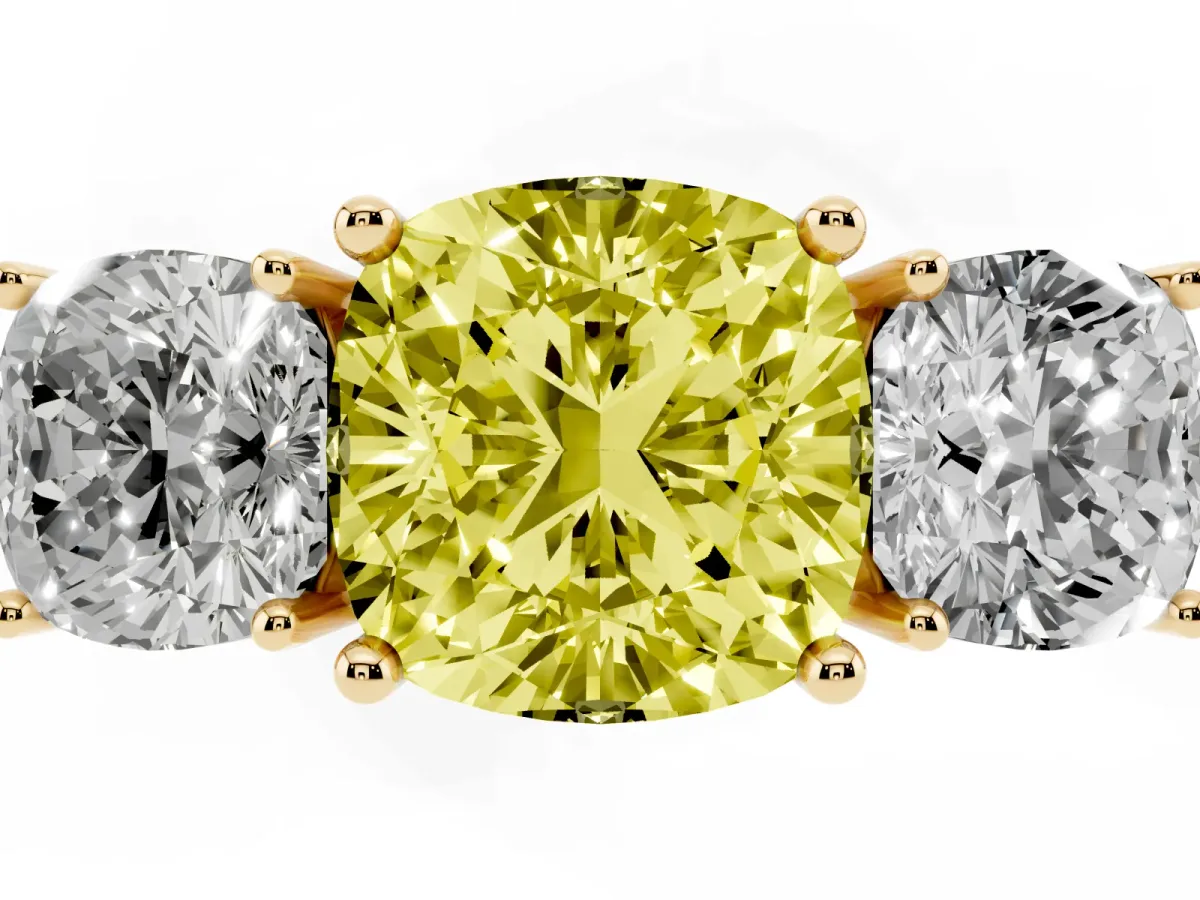 Fancy Yellow Three-Stone Cushion Cut Cut Diamond Engagement Ring with Prong Setting on a White Gold Band Yellow gold