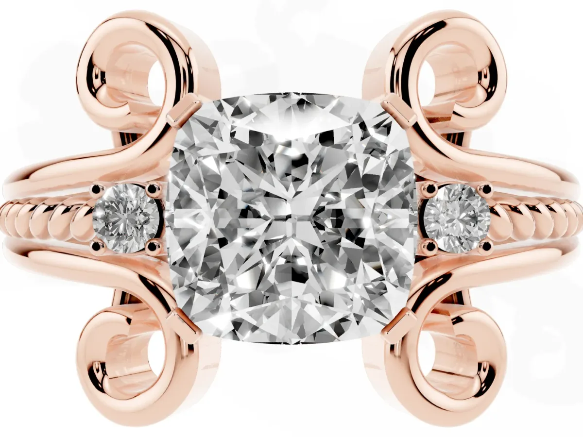 Cushion Cut Solitaire Twisted Band Scroll Prong Ring Rose gold