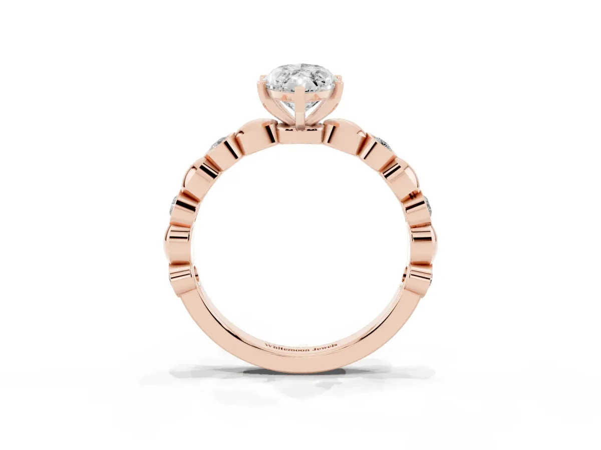 Marquise Cut Solitaire Bezel-Set Diamond Ring with Beaded Band and Four-Prong Setting Rose gold