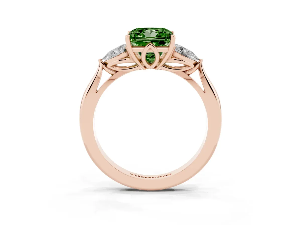 Fancy Green Princess Cut Diamond Three-Stone Ring with Pear Side Stones and Prong Setting Rose gold
