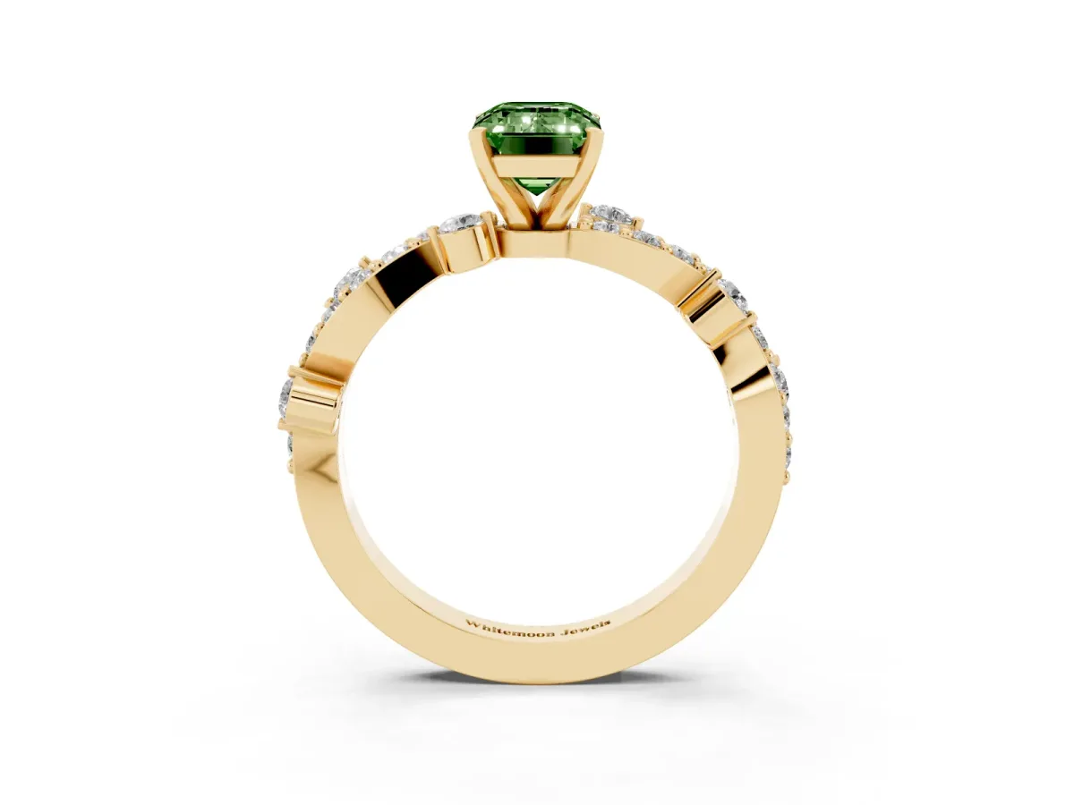 Fancy Green Emerald Cut Cut Solitaire Diamond Twisted Band with Pave Setting Yellow gold