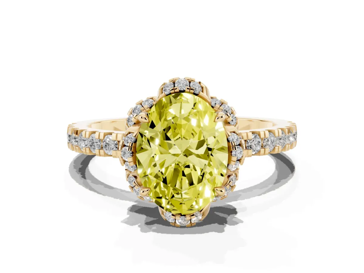 Fancy Yellow Oval Cut Halo Diamond Pave Band Ring with Four-Prong Setting Yellow gold