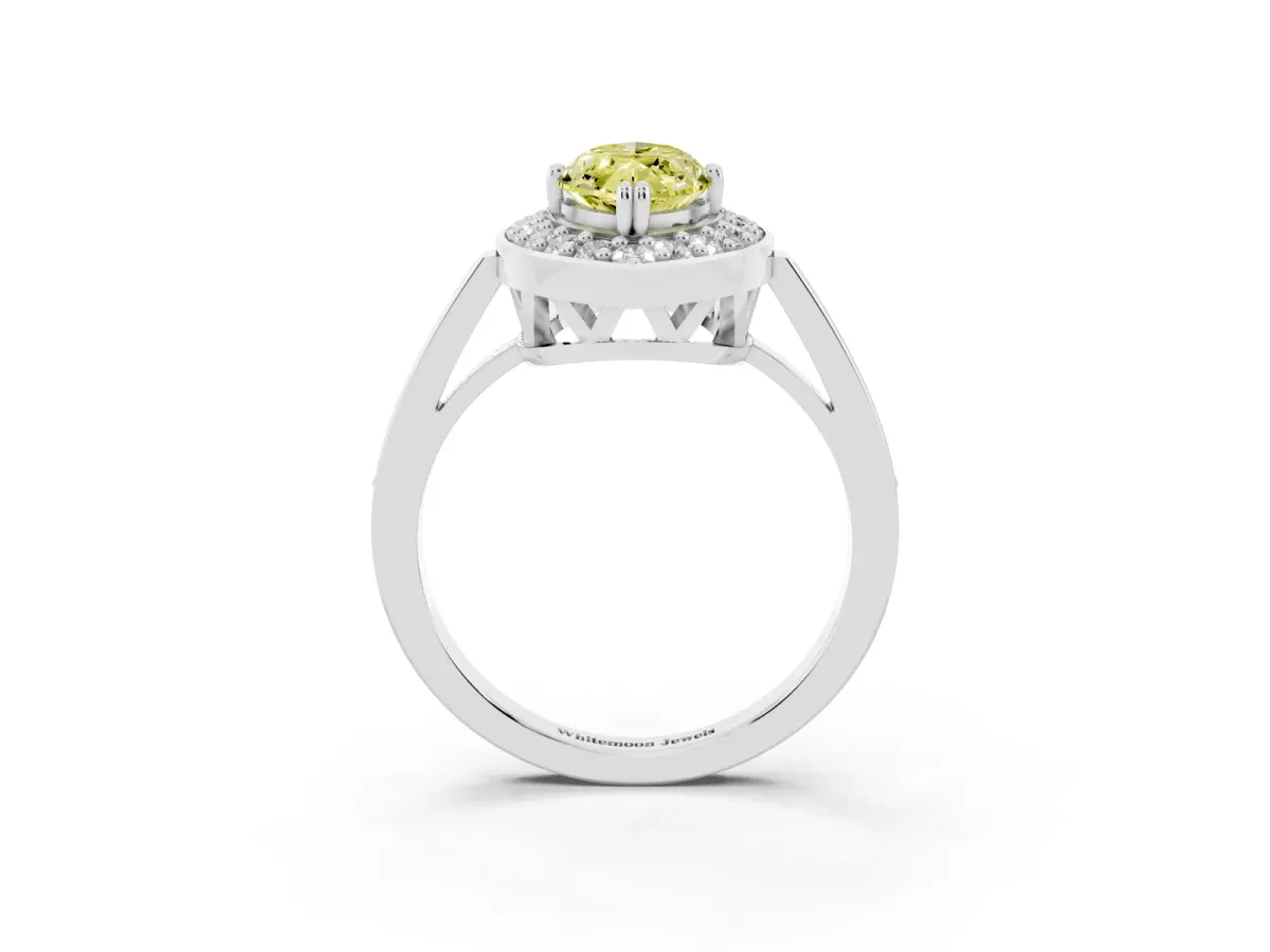 Fancy Yellow Marquise Cut Diamond Halo Ring with Split Shank and Four-Prong Setting Silver