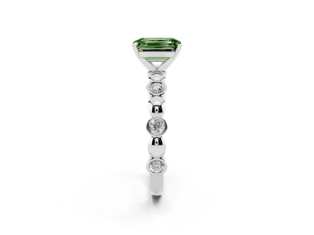 Fancy Green Emerald Cut Solitaire Bezel-Set Diamond Ring with Beaded Band and Four-Prong Setting Silver