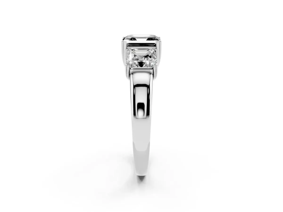 Fancy Black Three-Stone Asscher Cut Cut Diamond Ring with Channel Set Band and Four-Prong Setting Platinum