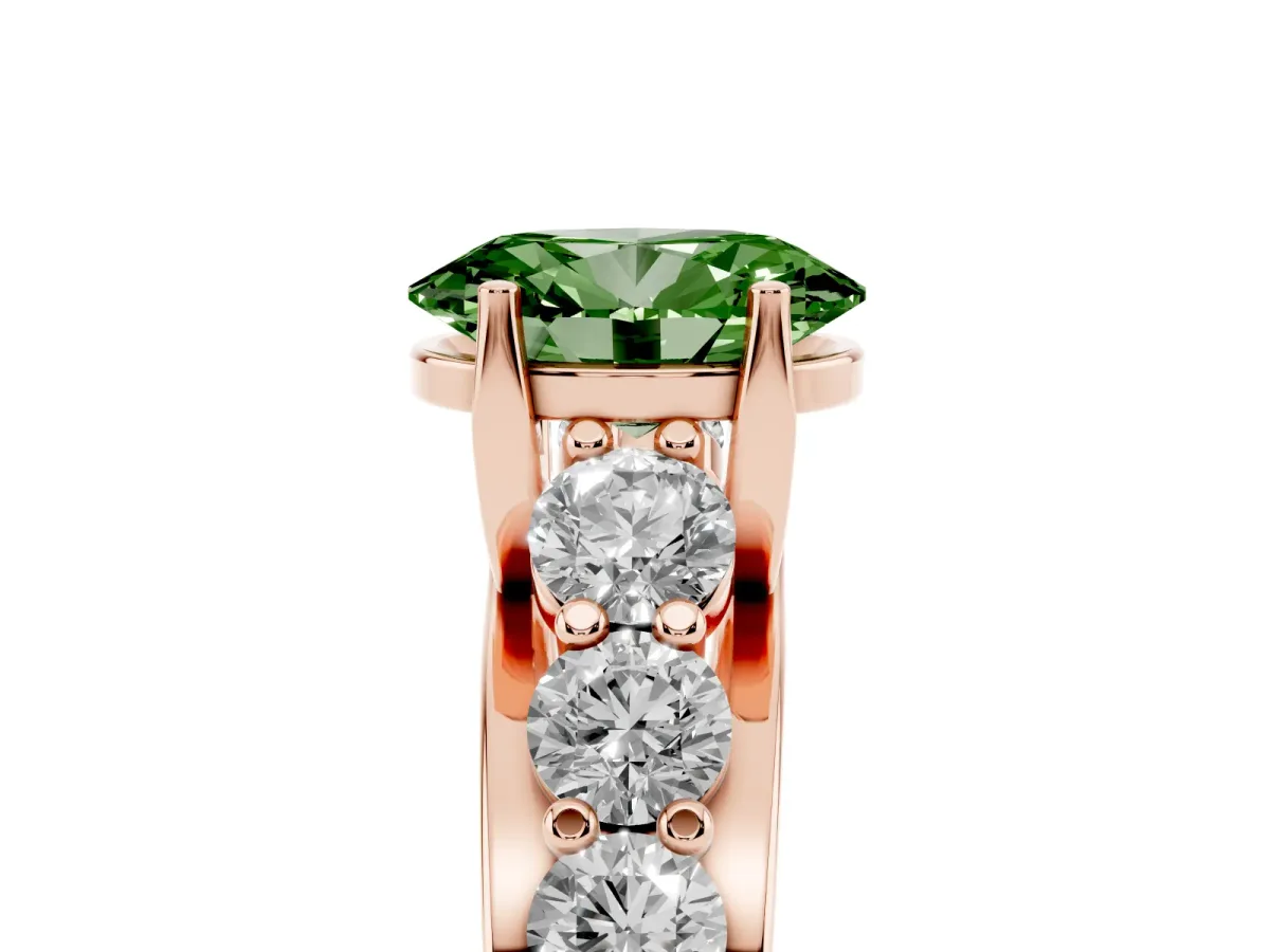 Fancy Green Oval Cut Diamond Engagement Ring with Pavé Band and Four-Prong Setting Rose gold