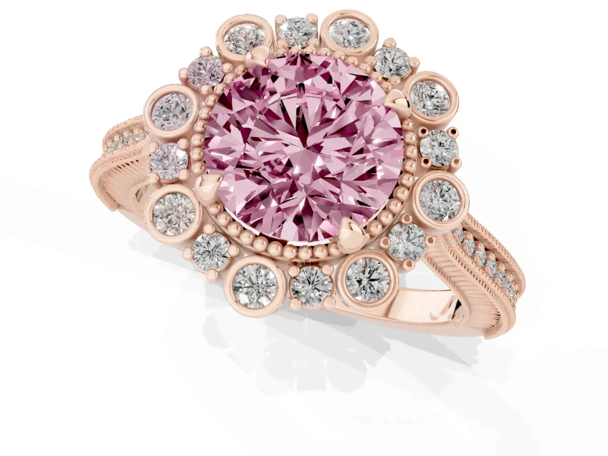 Fancy Pink Round Cut Halo Milgrain Pave Diamond Ring with Four-Prong Setting Rose gold