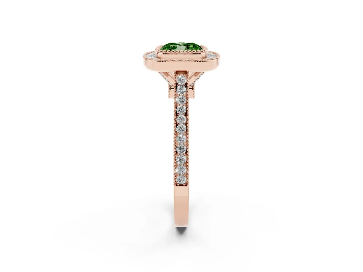 Fancy Green Cushion Cut Diamond Halo Ring with Milgrain Frame and Pavé Band Rose gold