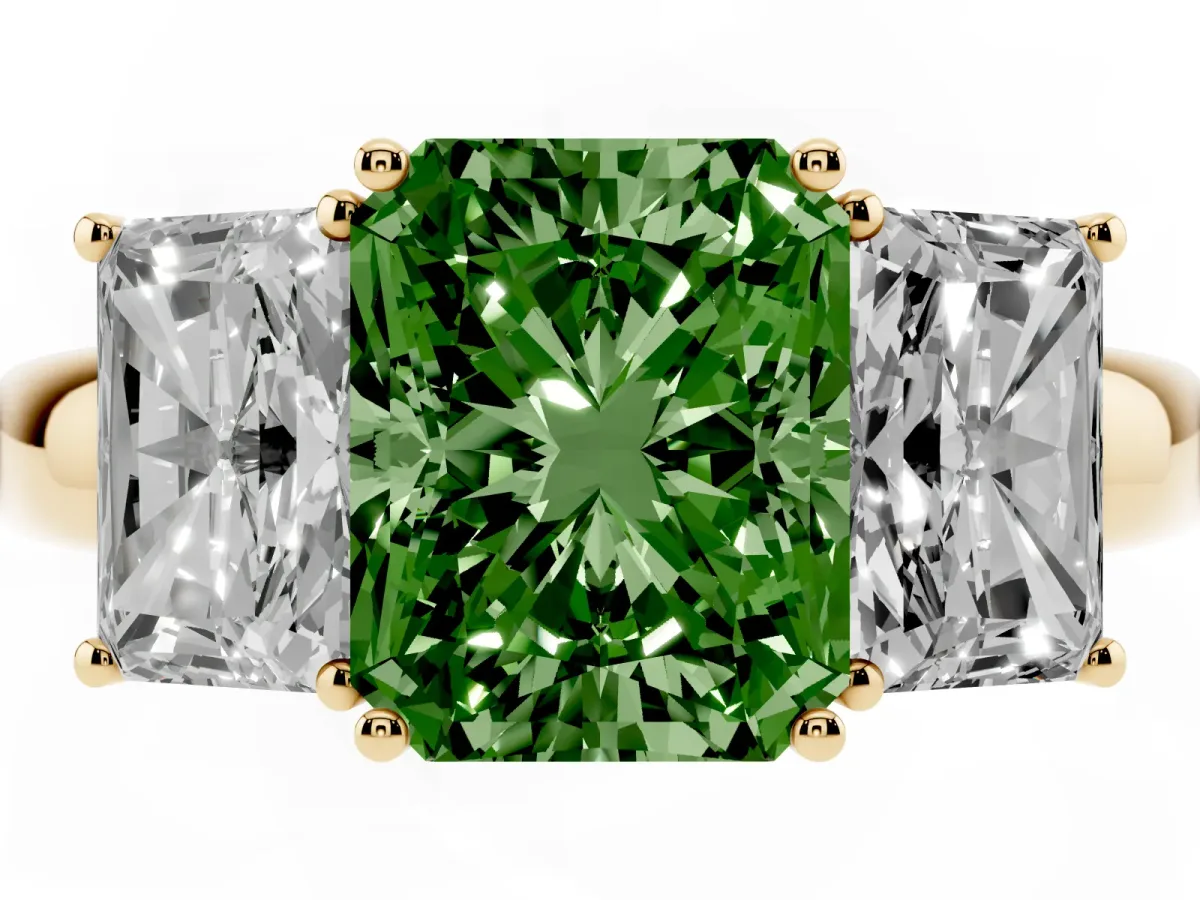Fancy Green Radiant Cut Diamond Three-Stone Ring with Four-Prong Setting and Classic Band Yellow gold