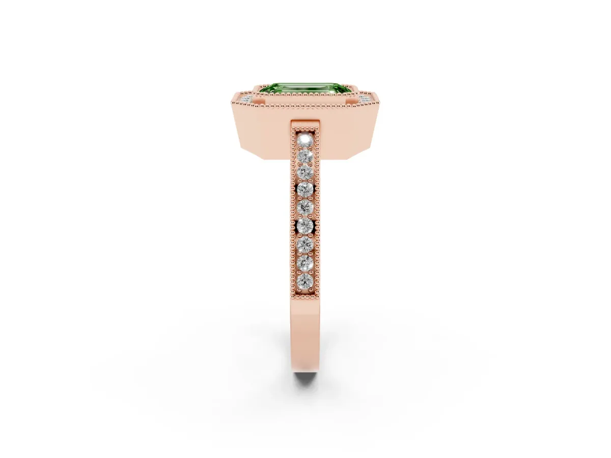 Fancy Green Emerald Cut Cut Halo Diamond Ring with Pavé Band and Milgrain Prong Setting Rose gold