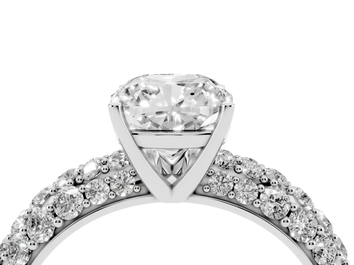 Cushion Cut Diamond Pavé Band Solitaire Ring with Four-Prong Setting Silver