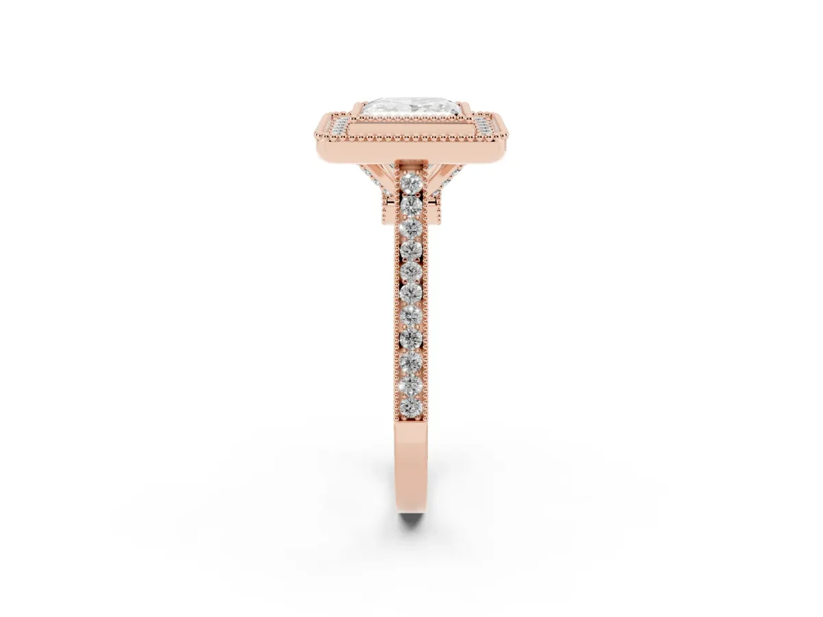 Princess Cut Diamond Halo Ring with Milgrain Frame and Pavé Band Rose gold