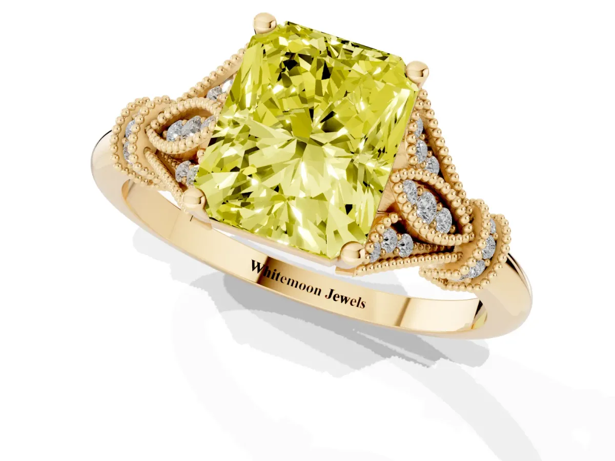 Fancy Yellow Radiant Cut Diamond Solitaire Ring with Floral Filigree and Pave Accents Yellow gold