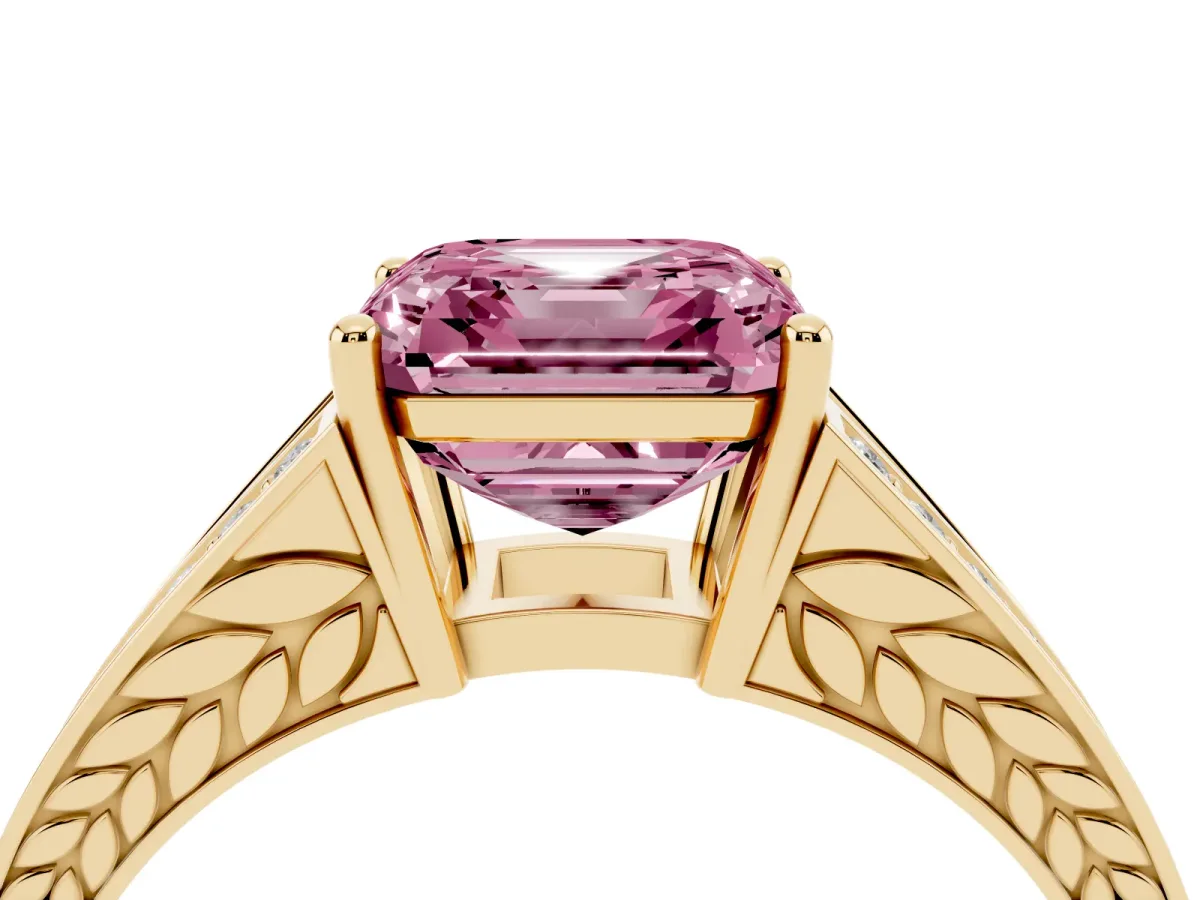 Fancy Pink Asscher Cut Diamond Split Shank Ring with Pavé Band and Four-Prong Setting Yellow gold