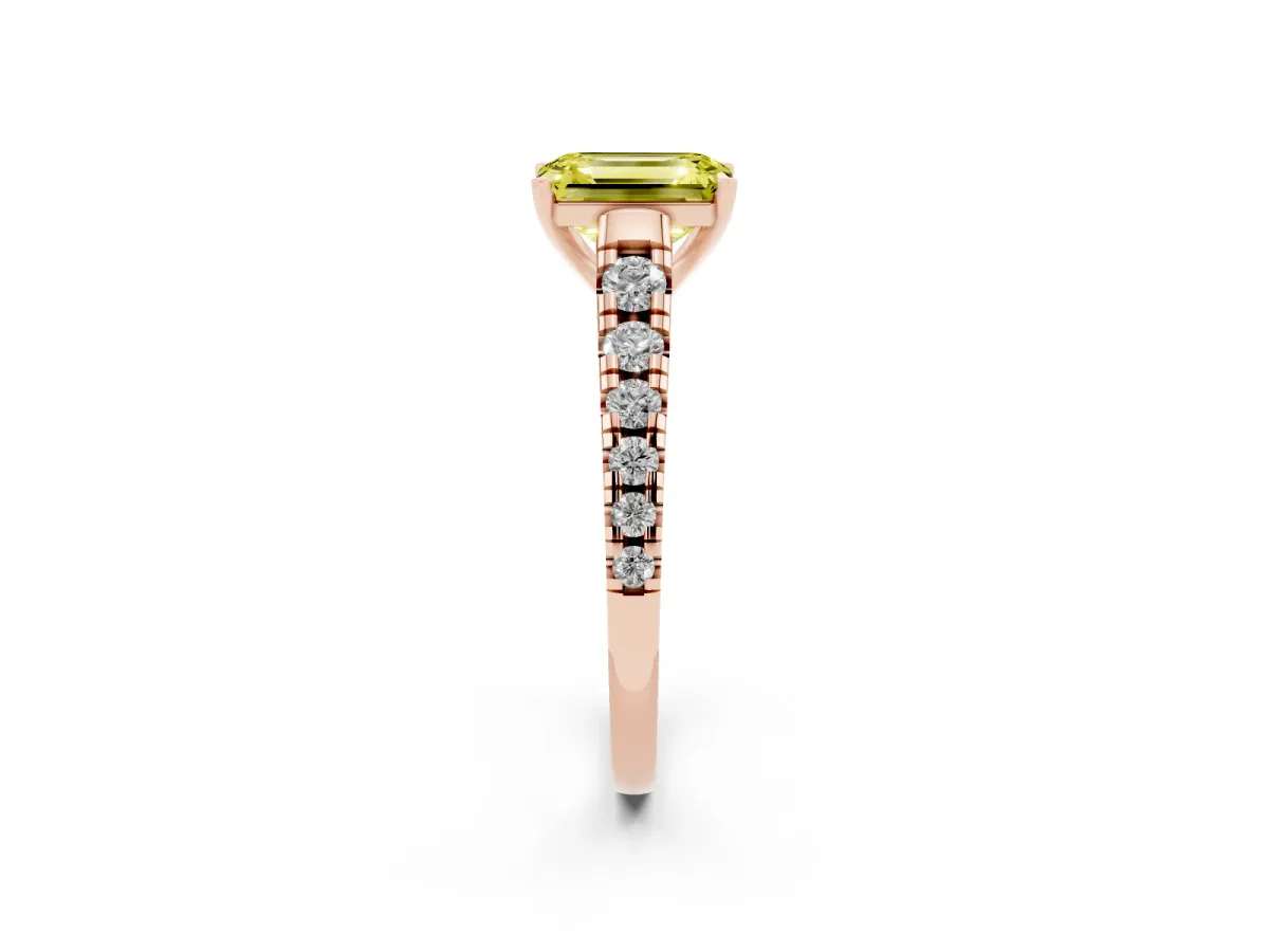 Fancy Yellow Emerald Cut Diamond Cathedral Solitaire Ring with Round Pavé Band Rose gold