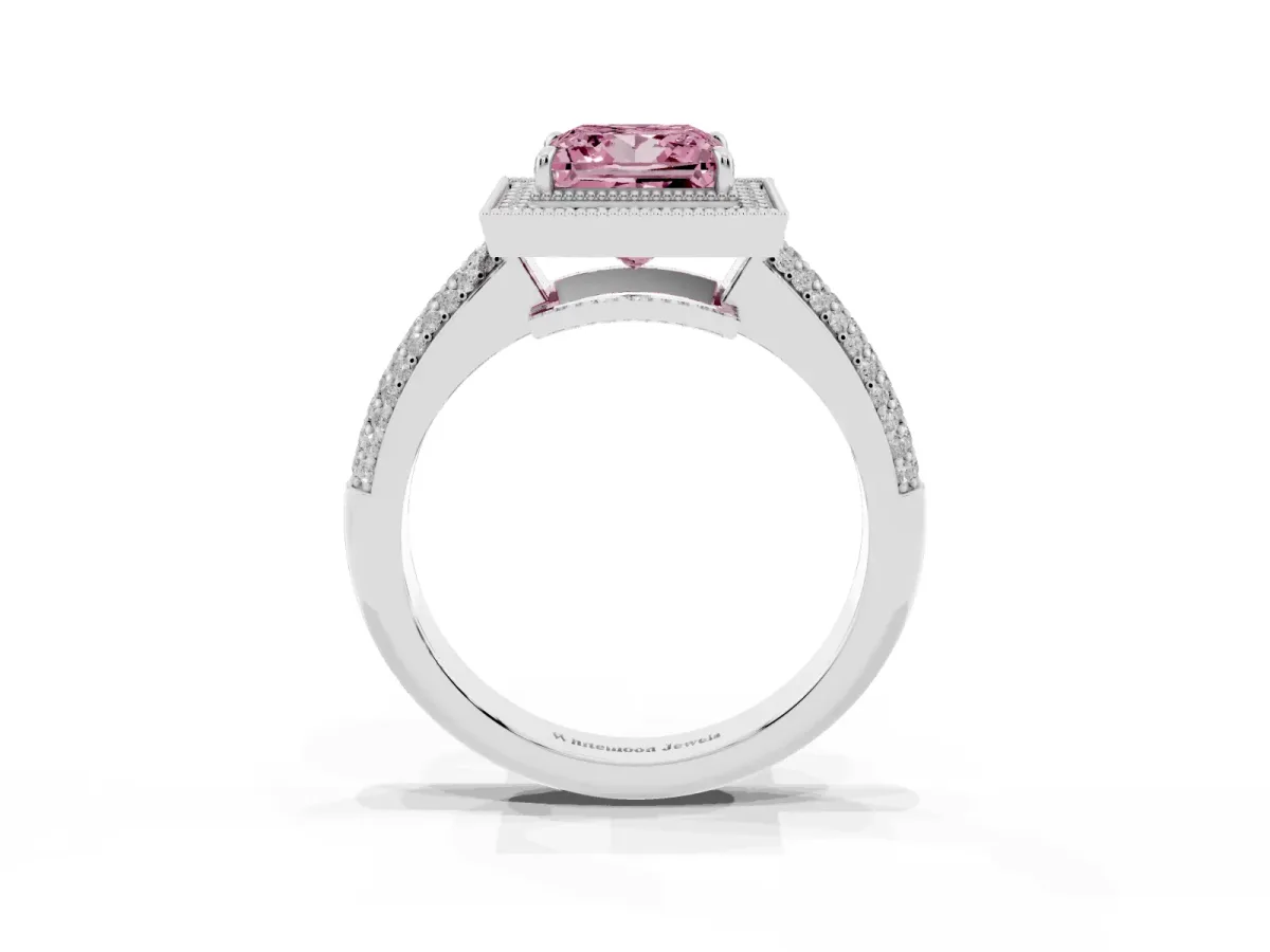 Fancy Pink Princess Cut Cut Halo Diamond Pave Band with Four-Prong Setting Silver