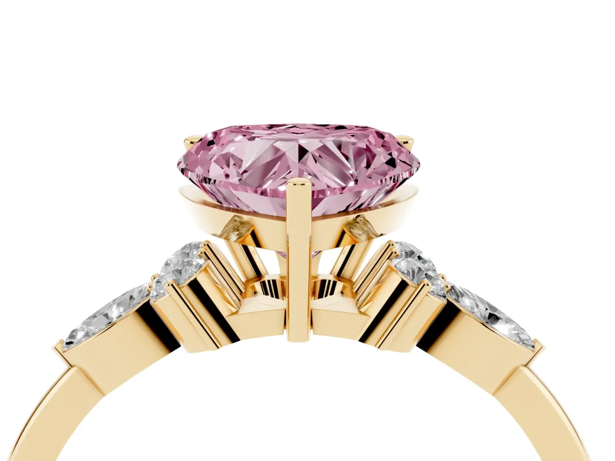 Fancy Pink Heart Cut Brilliant Diamond Solitaire Ring with Pear Side Stones and Four-Prong Setting Yellow gold