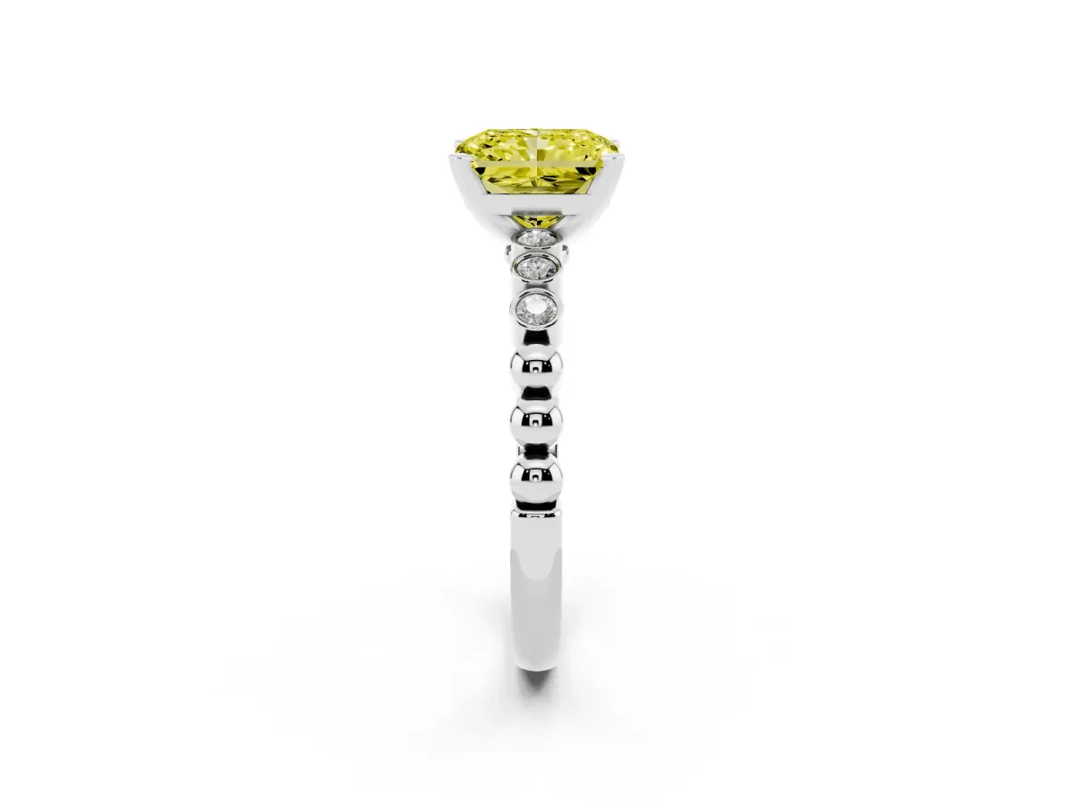Fancy Yellow Radiant Cut Solitaire Bezel Accent Diamond Engagement Ring with Beaded Band and Four-Prong Setting Silver