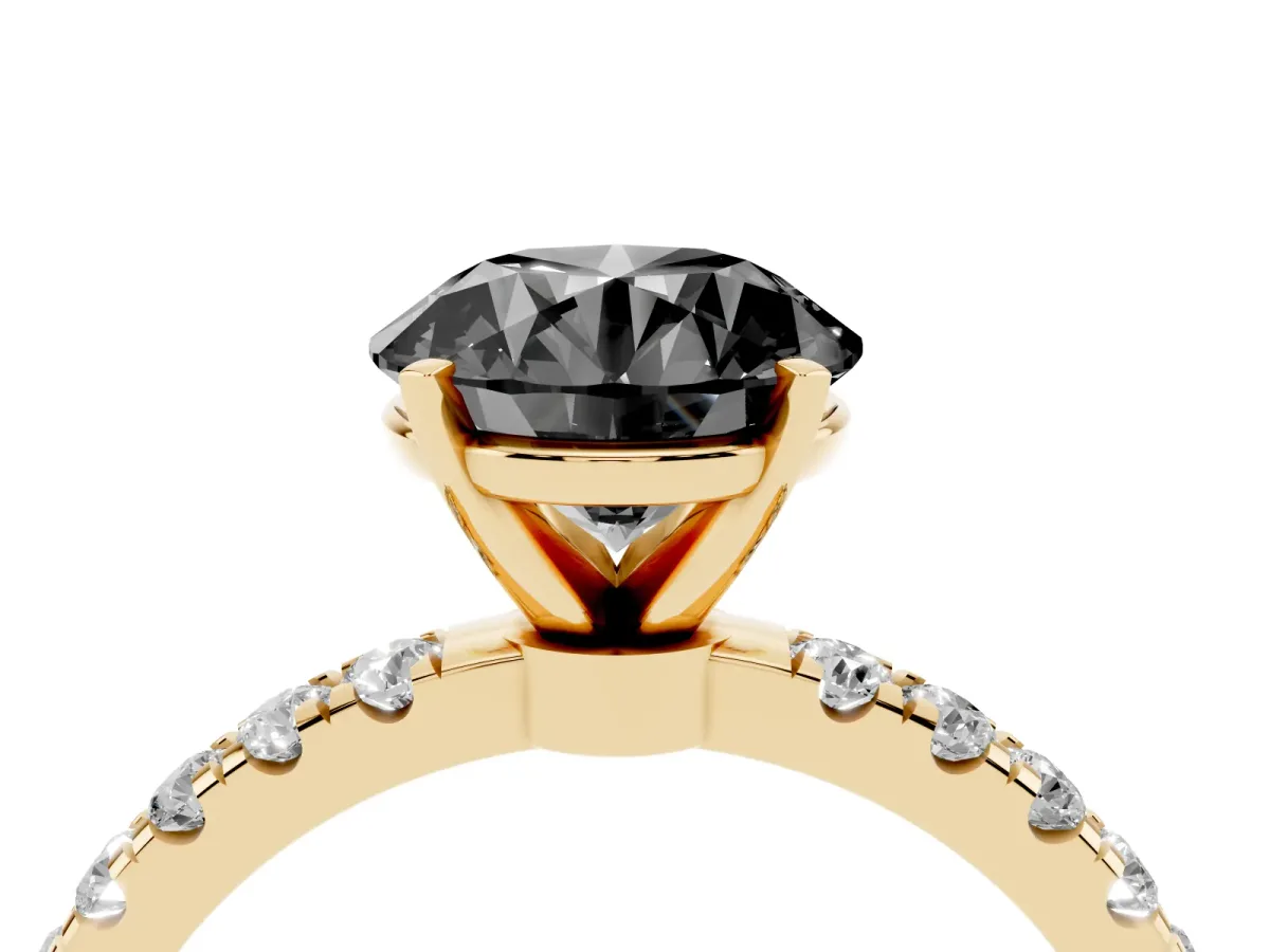 Fancy Black Round Cut Diamond Solitaire Ring with Pavé Accents and Four-Prong Setting Yellow gold