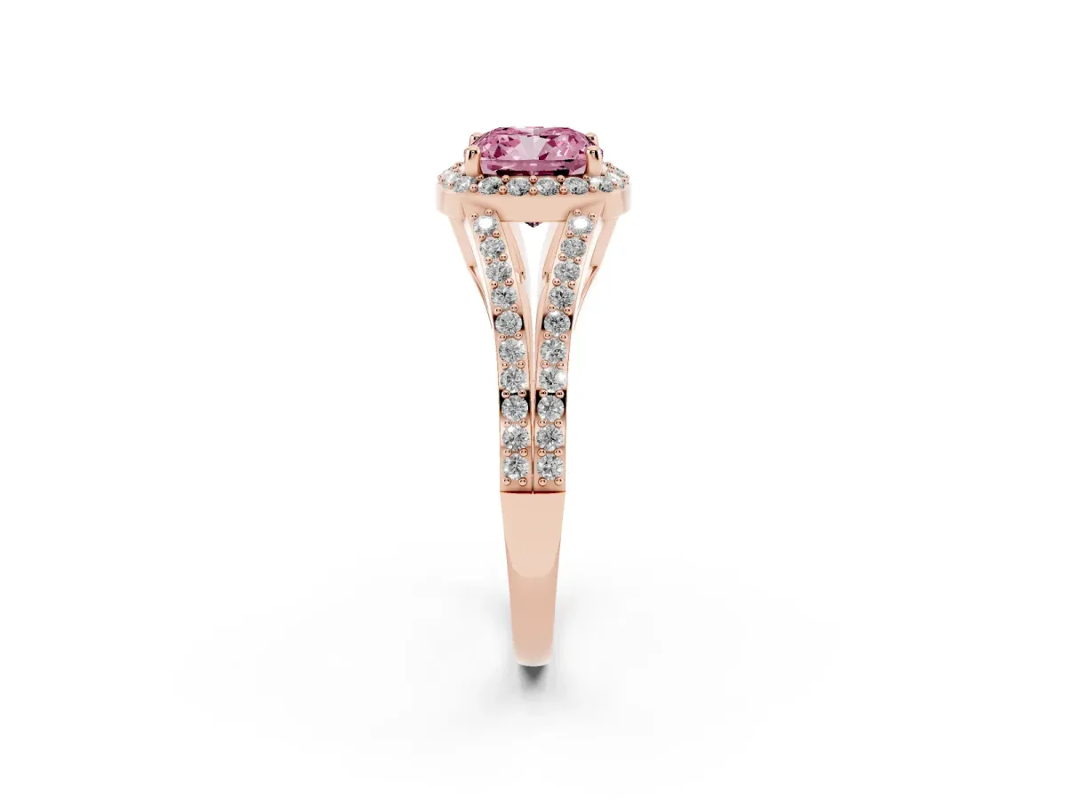 Fancy Pink Cushion Cut Halo Split Shank Diamond Ring with Prong Setting Rose gold