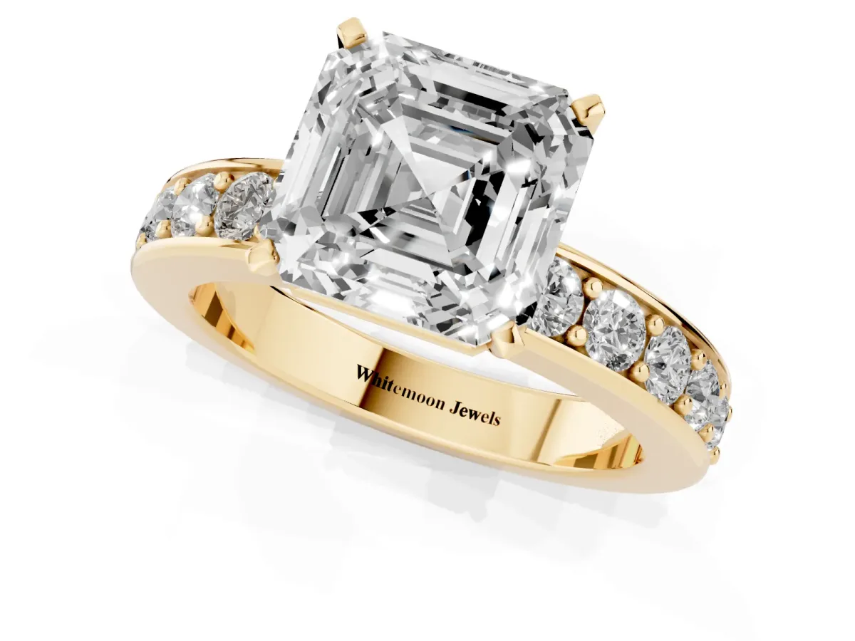 Asscher Cut Diamond Engagement Ring with Channel Set Round Band and Prong Setting Yellow gold