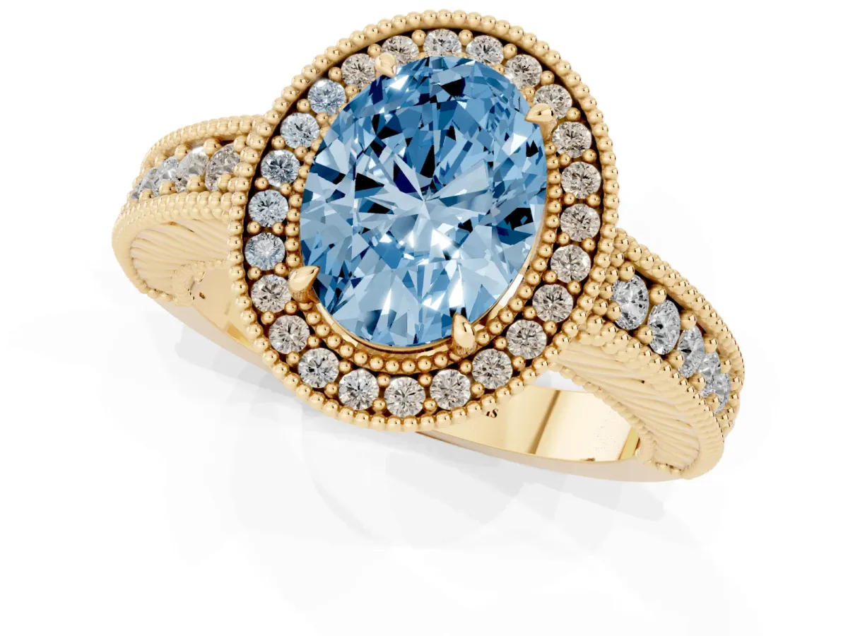 Fancy Blue Oval Cut Cut Halo Diamond Ring with Pavé Band and Four-Prong Setting Yellow gold