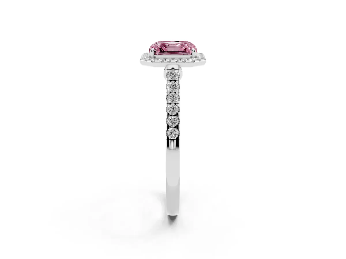 Fancy Pink Asscher Cut Halo Pave Diamond Engagement Ring with Four-Prong Setting White gold