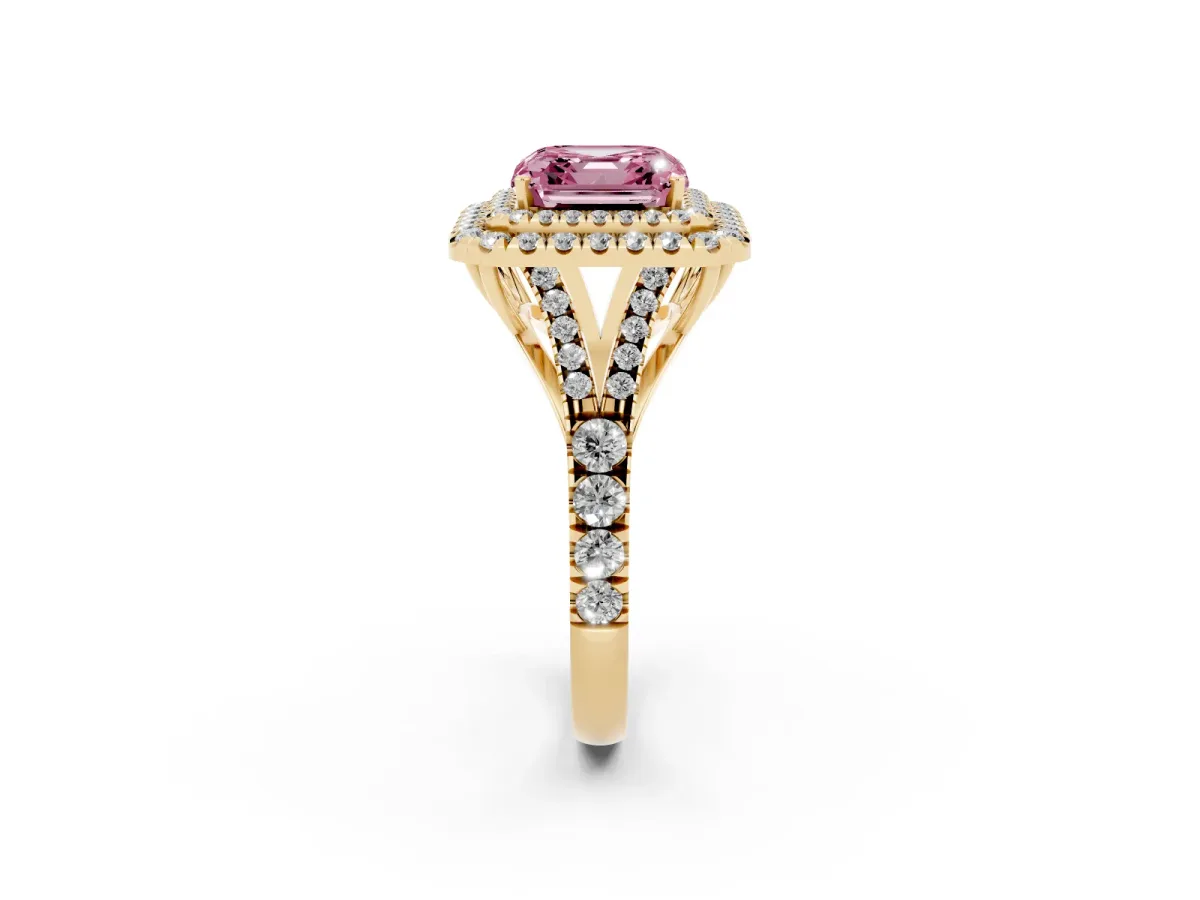 Fancy Pink Asscher Cut Cut Double Halo Split Shank Diamond Ring with Prong Setting Yellow gold