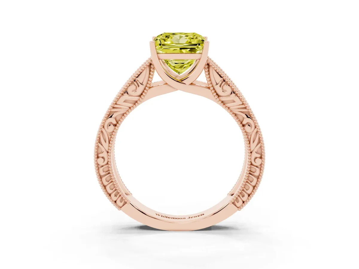Fancy Yellow Princess Cut Diamond Solitaire Ring with Engraved Band and Four-Prong Setting Rose gold