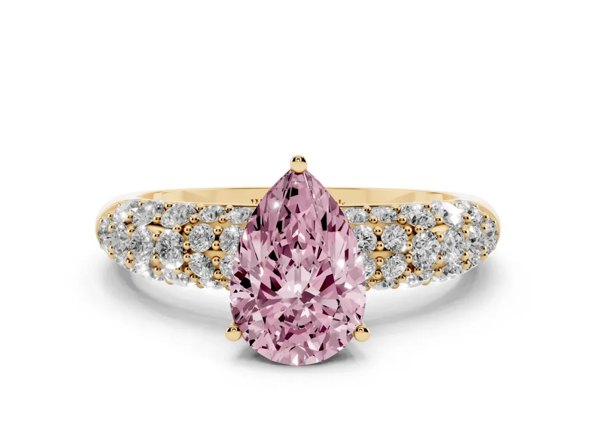 Fancy Pink Pear Cut Diamond Pavé Band Solitaire Ring with Four-Prong Setting Yellow gold