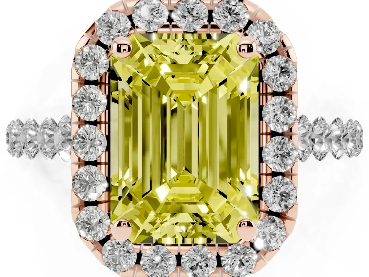 Fancy Yellow Emerald Cut Halo Pavé Diamond Engagement Ring with Four-Prong Setting Rose gold