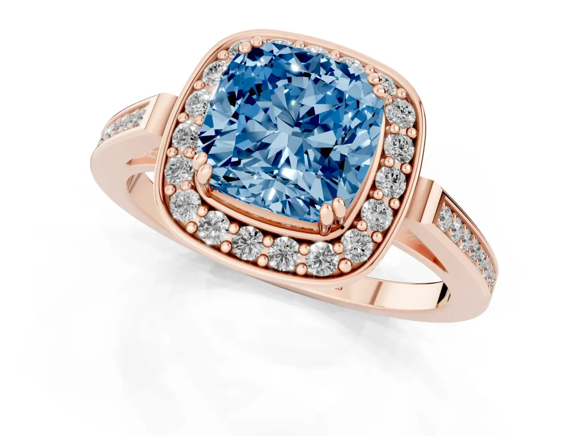 Fancy Blue Cushion Cut Diamond Halo Ring with Split Shank and Four-Prong Setting Rose gold