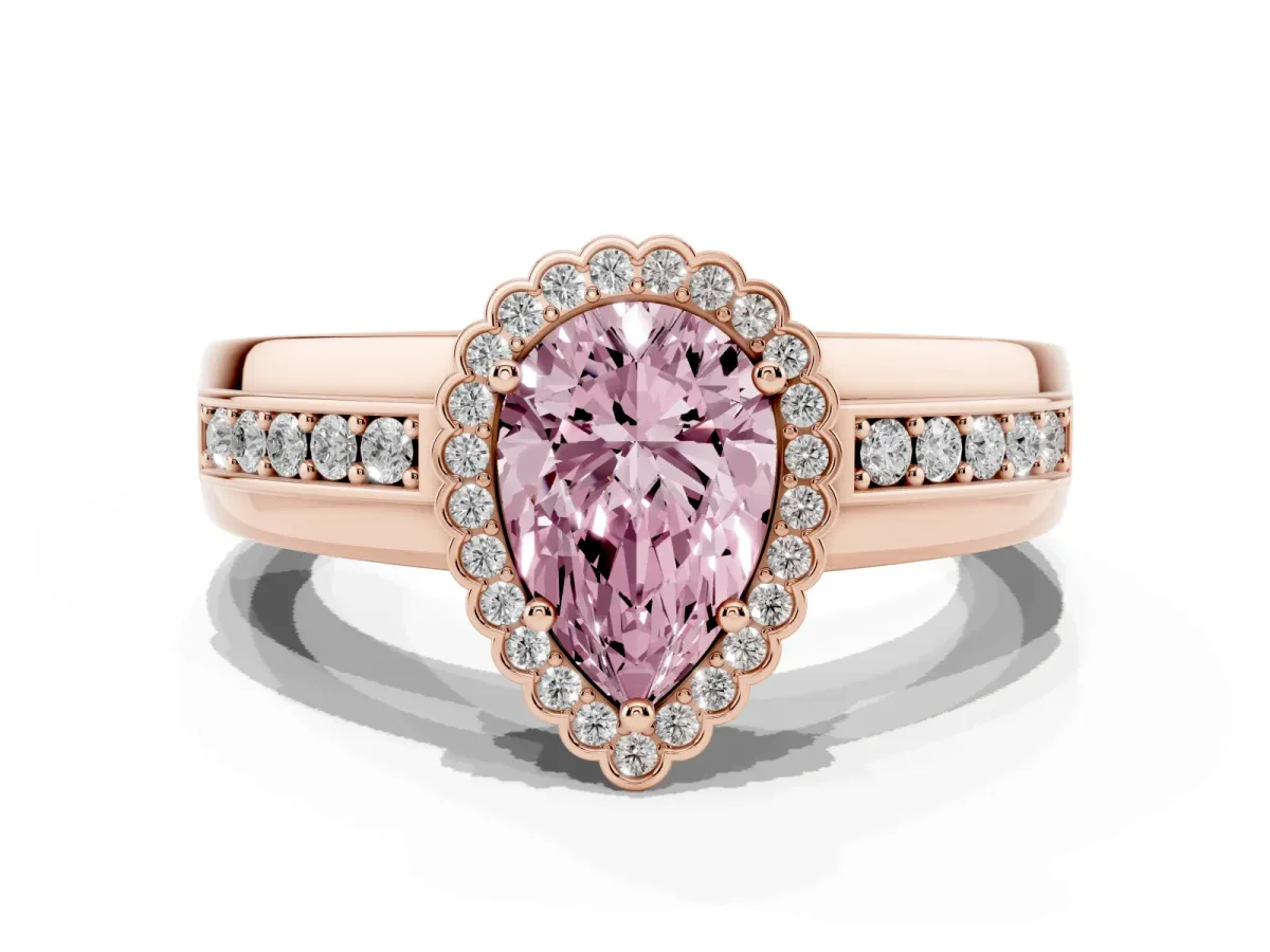 Fancy Pink Pear Cut Cut Halo Pave Band Four-Prong Ring Rose gold