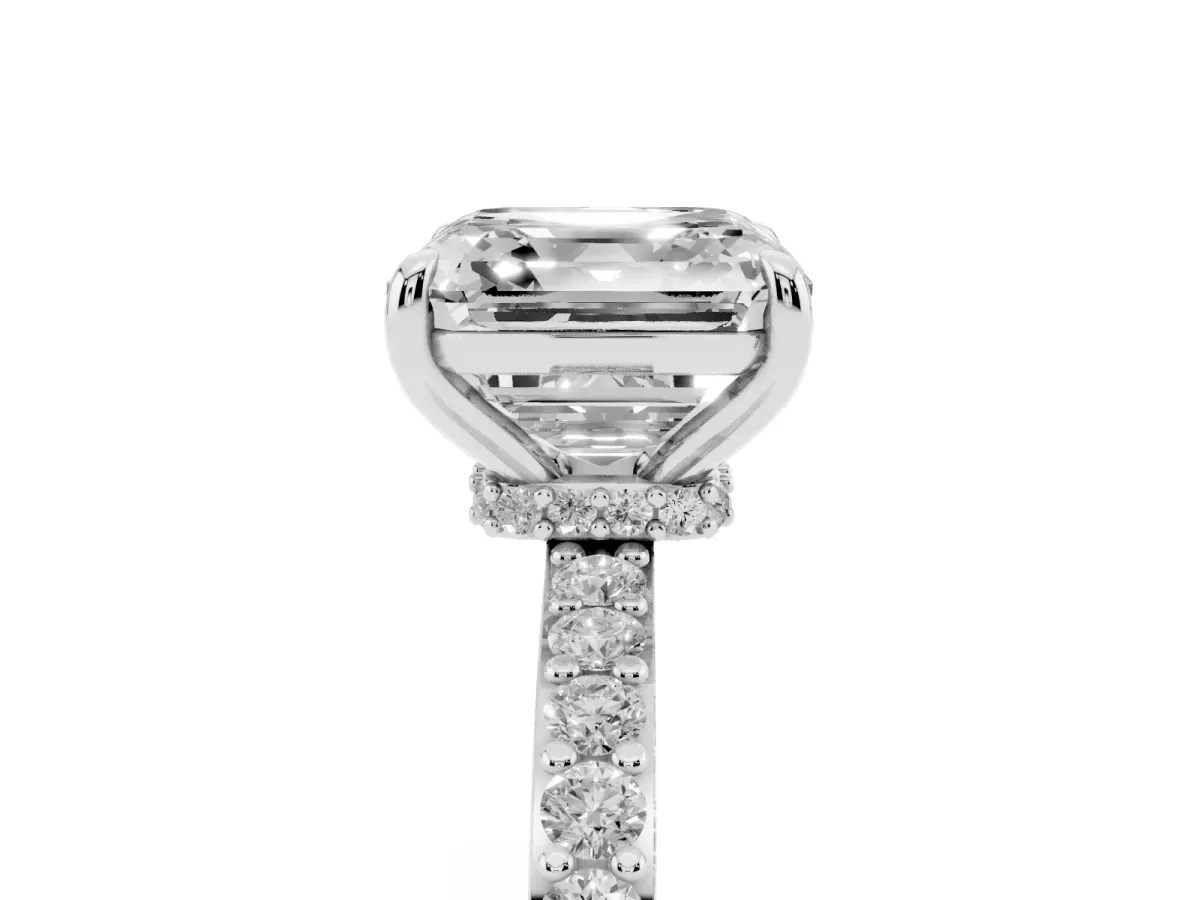 Asscher Cut Diamond Solitaire Engagement Ring with Pavé Band and Four-Prong Setting Platinum
