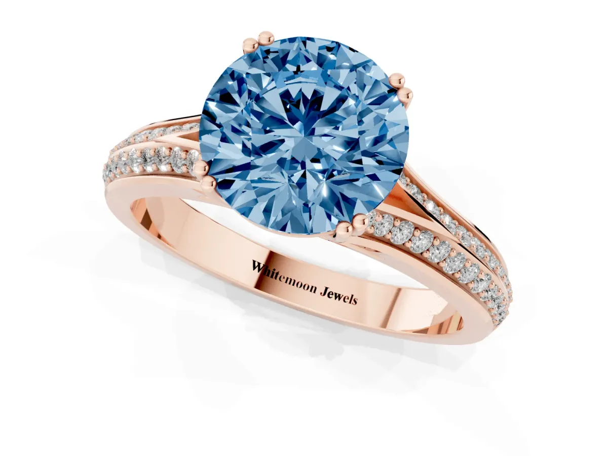 Fancy Blue Round Cut Diamond Split Shank Engagement Ring with Pavé Band Rose gold