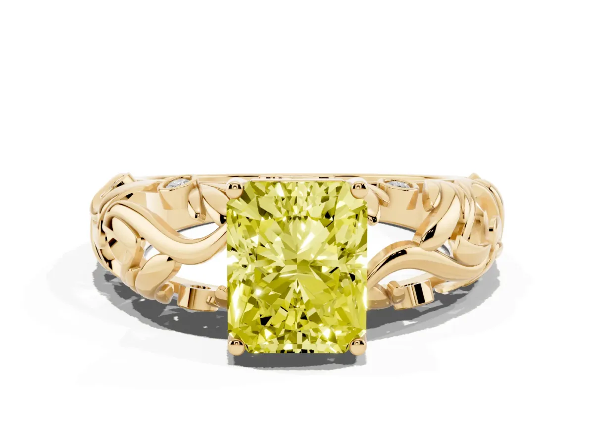 Fancy Yellow Radiant Cut Solitaire Diamond Leaf-Inspired Vine Band Ring with Prong Setting Yellow gold