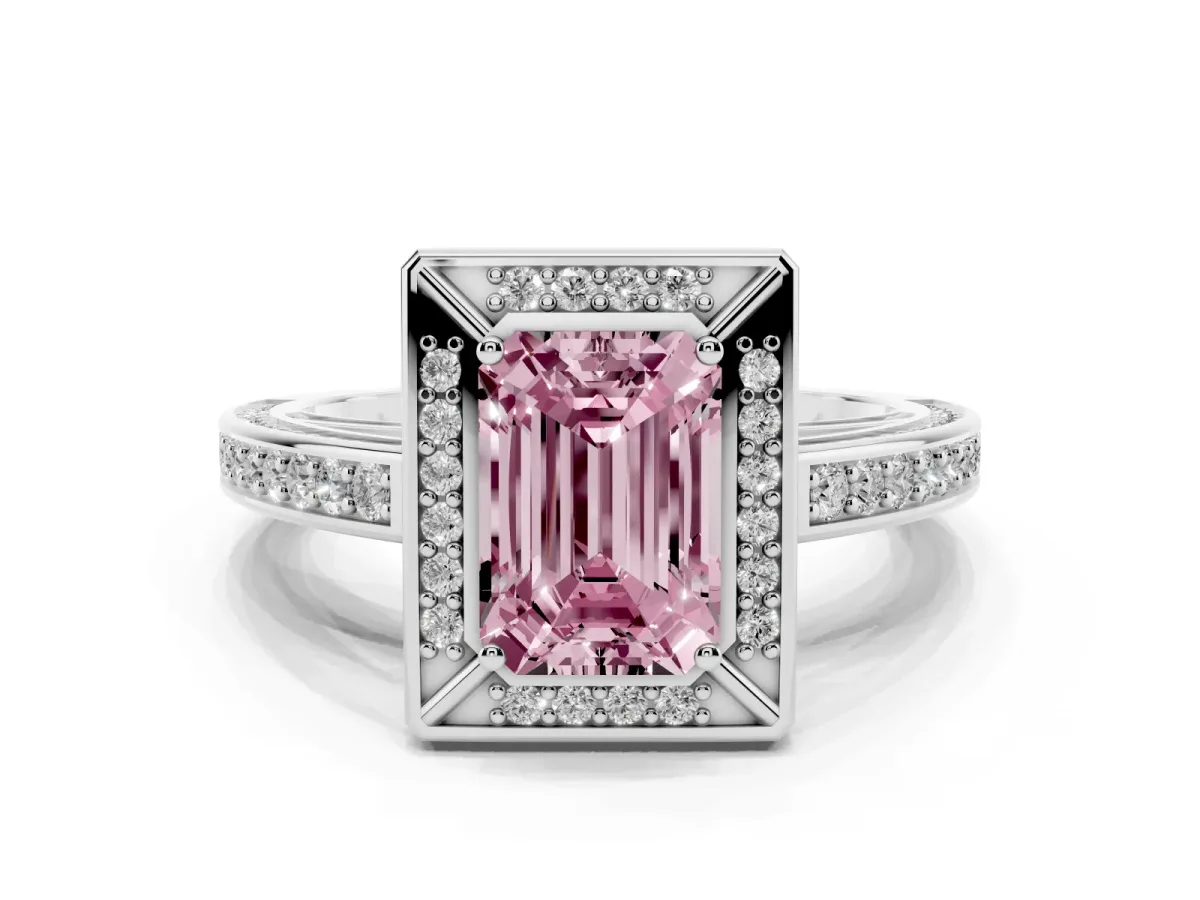 Fancy Pink Emerald Cut Cut Halo Pave Split Shank Prong Setting Ring Silver