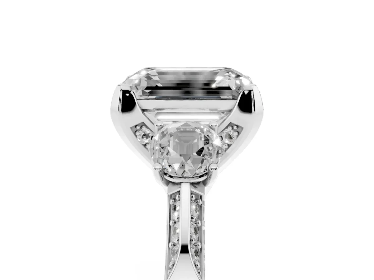 Fancy Black Emerald Cut Brilliant Three-Stone Diamond Ring with Pavé Band and Four-Prong Setting Platinum