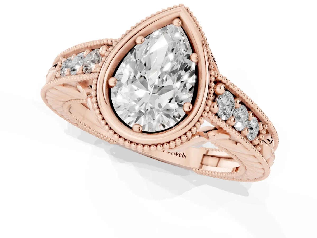 Bezel Set Pear Cut Diamond Milgrain Pave Engagement Ring Rose gold